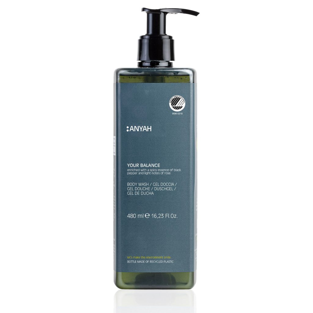 Anyah Гел за туширање со заклучена пумпа, сертифициран со Nordic Ecolabel (480 ml) – пакување од 18