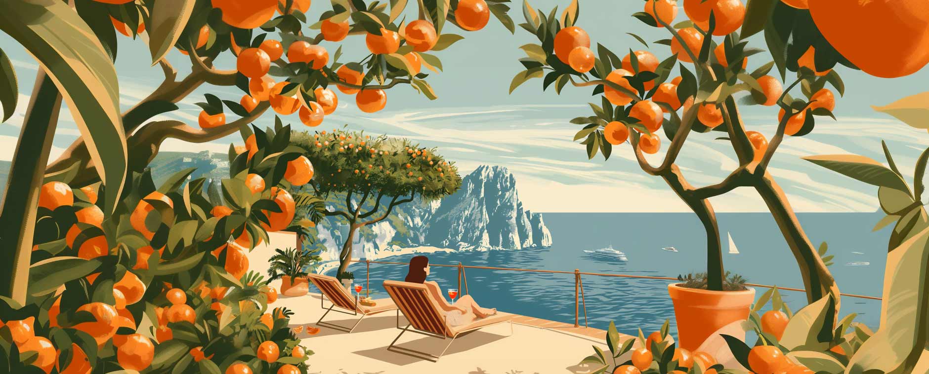 Illustrated Sicilian coast with orange trees and a seaside terrace
