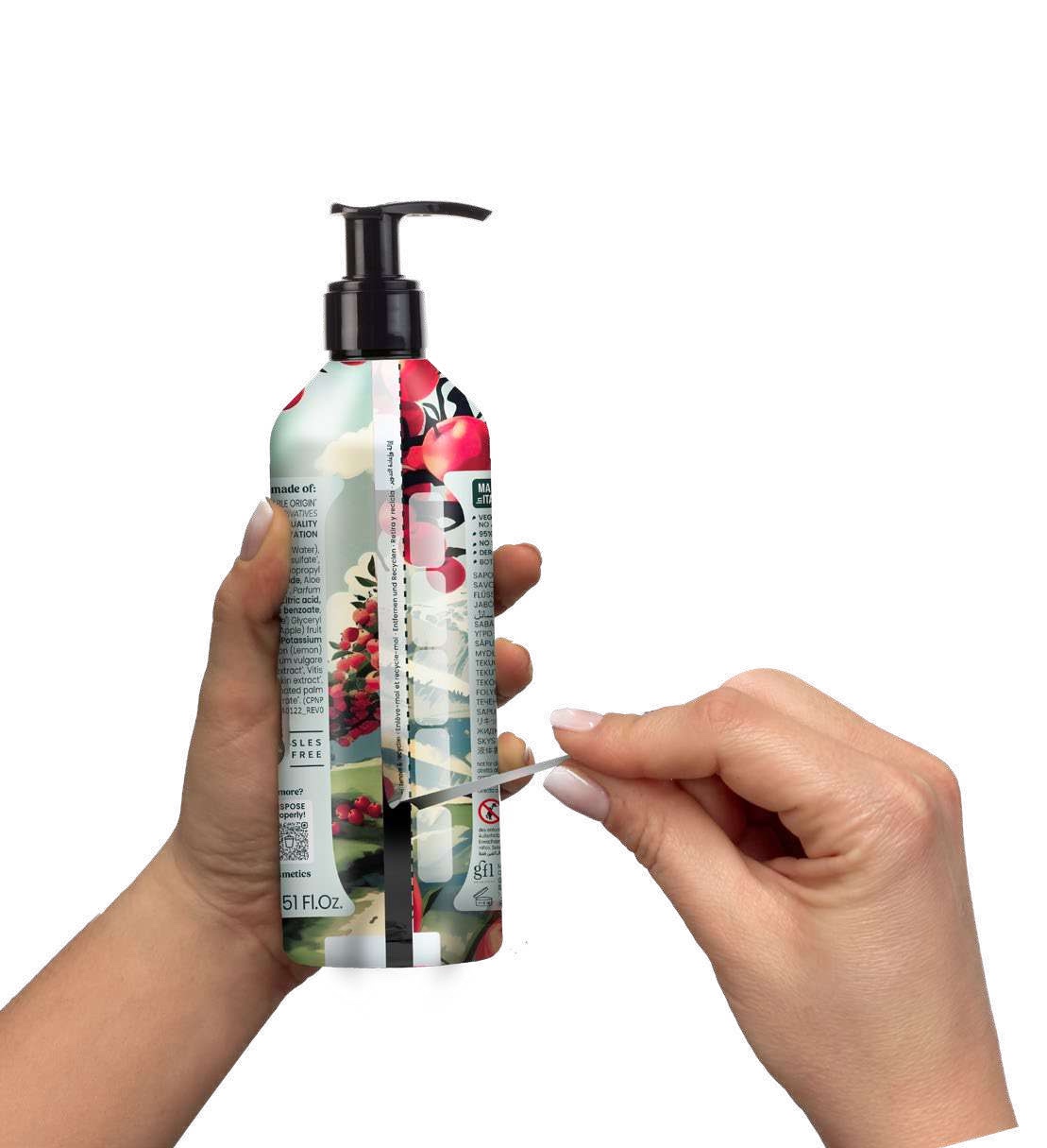 Hands peeling the illustrated sleeve off an Itinera dispenser