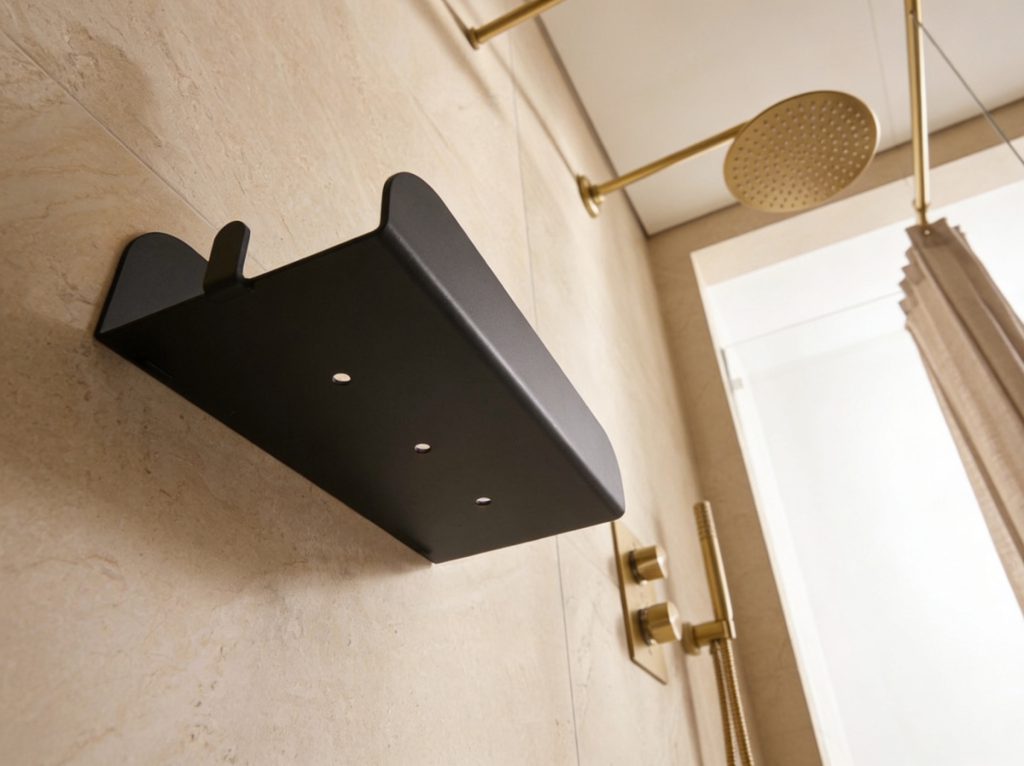 Black shower shelf with rim