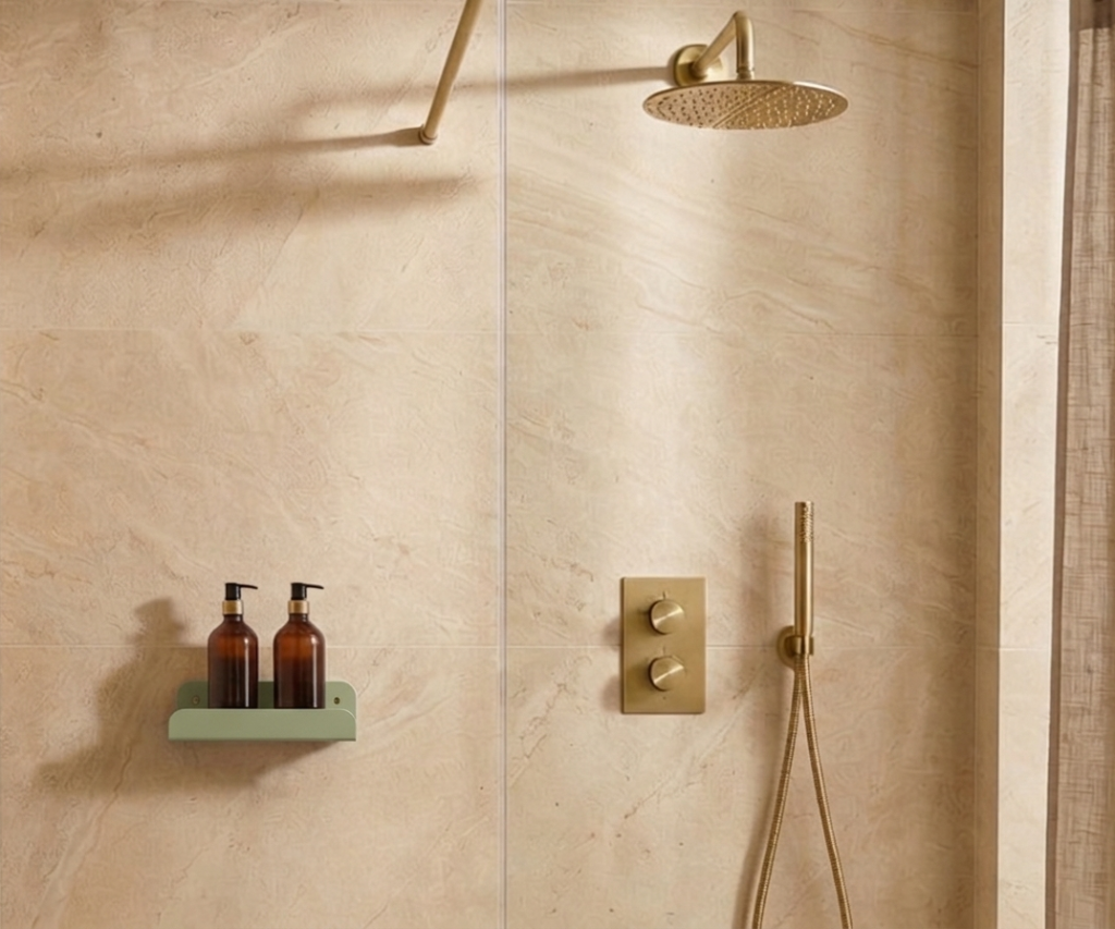 Green shower shelf with rim