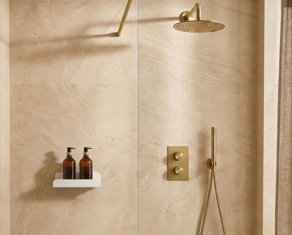 White shower shelf with rim