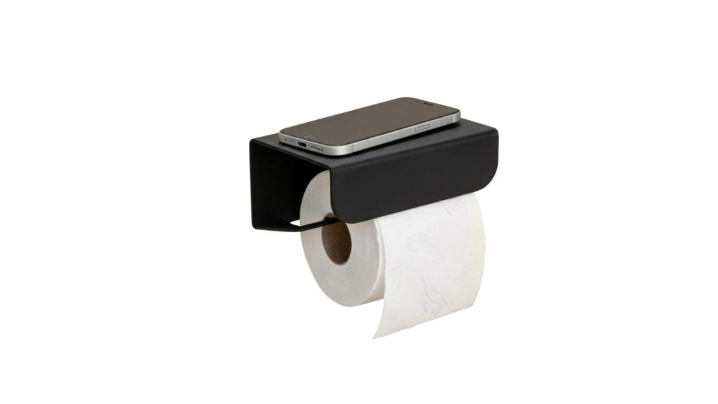 Black toilet roll holder with shelf
