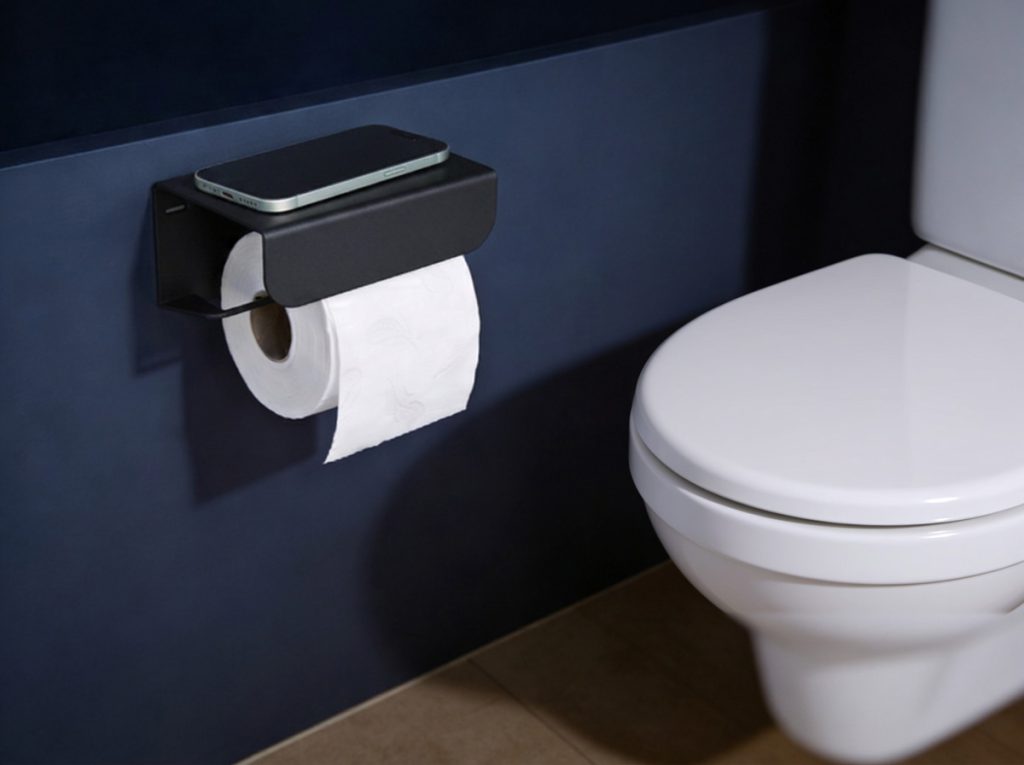 Black toilet roll holder with shelf