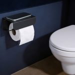 Black toilet roll holder with shelf