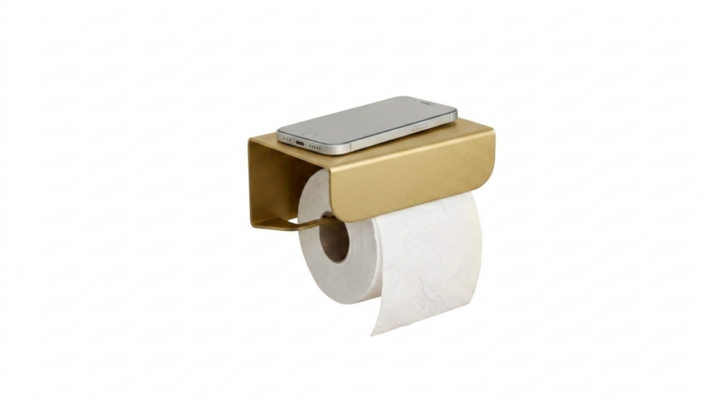 Gold toilet roll holder with shelf
