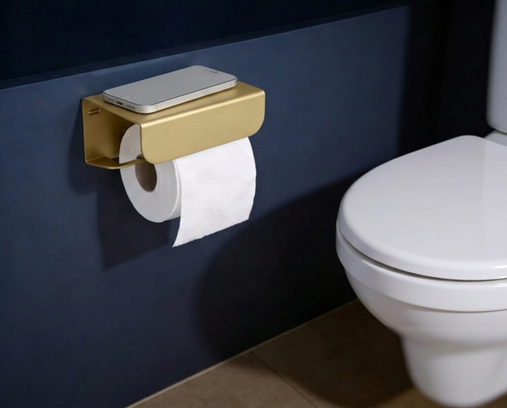 Gold toilet roll holder with shelf
