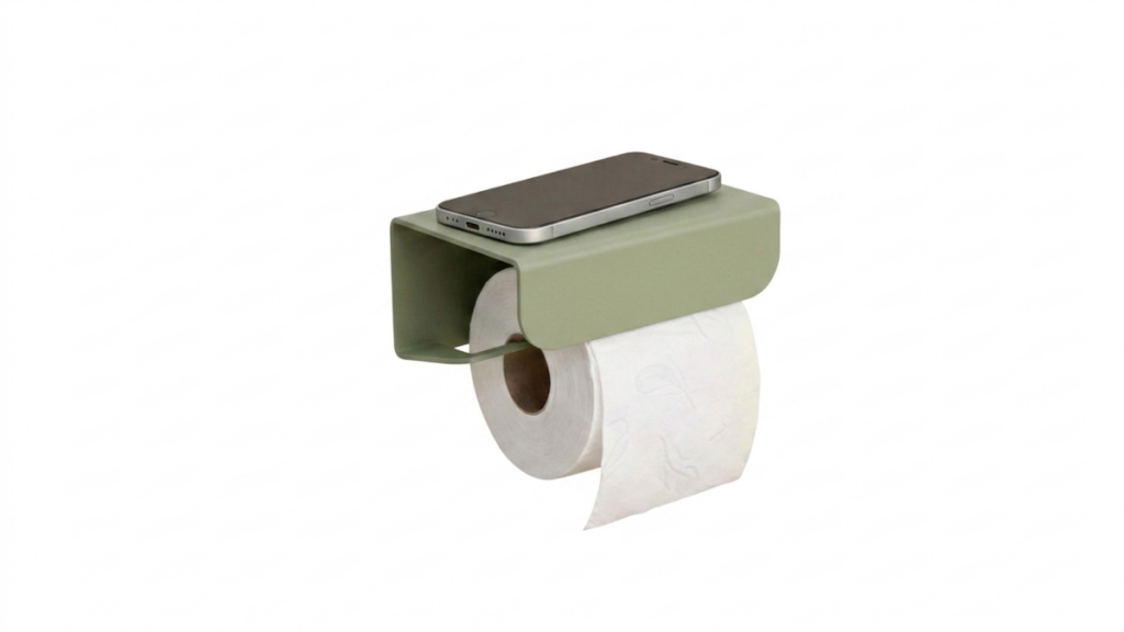 Green toilet roll holder with shelf
