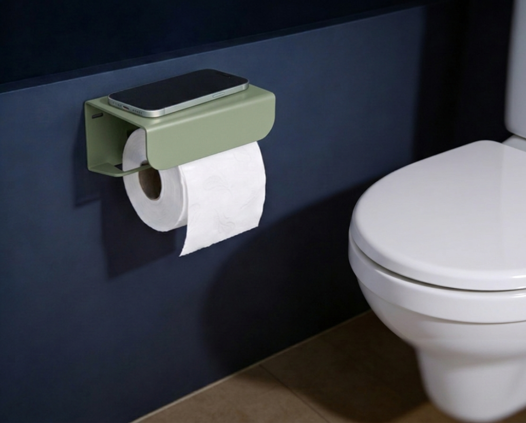 Green toilet roll holder with shelf