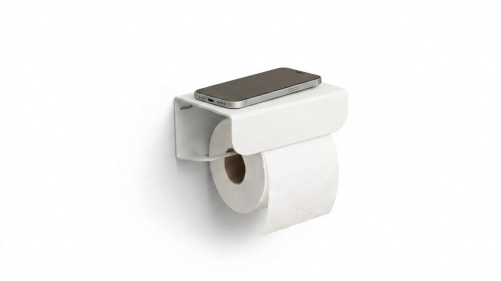 White toilet roll holder with shelf
