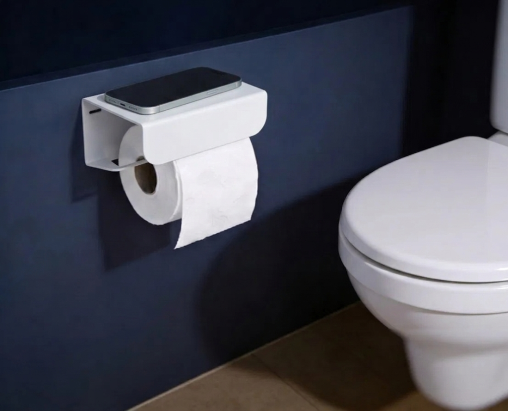 White toilet roll holder with shelf