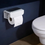 White toilet roll holder with shelf