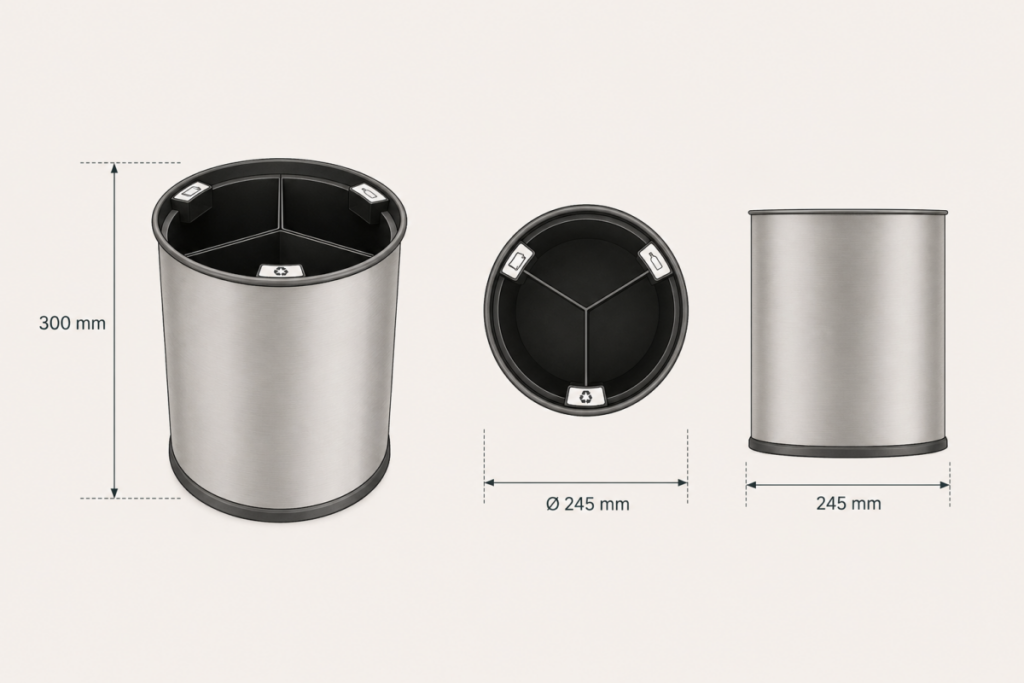 Round recycling bin S/S 13L 3 compartments